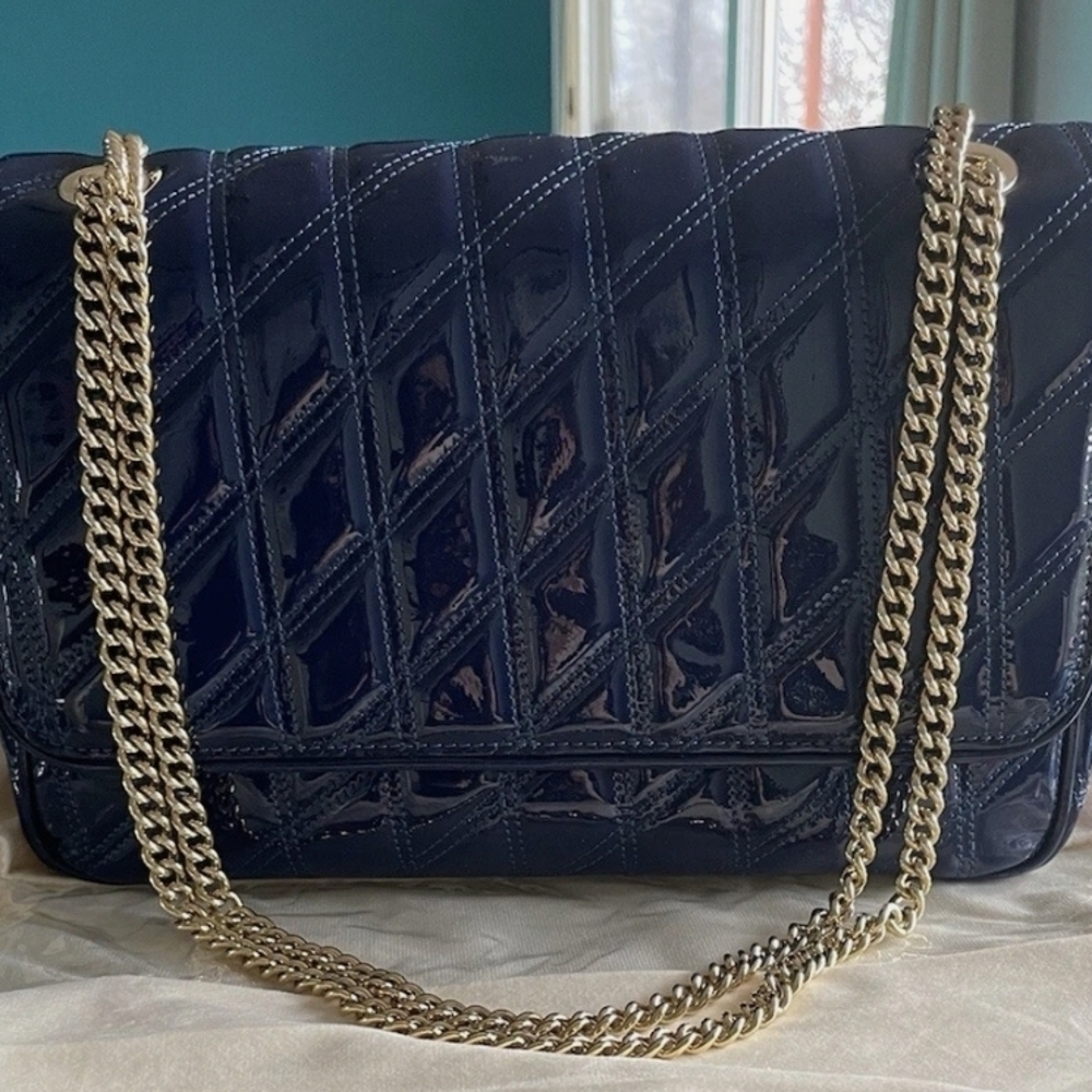 Brooks Brothers Navy Blue Quilted Shoulder Bag with Gold Chain